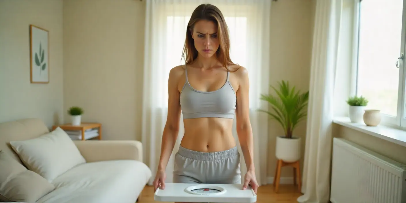 Mujer de pie en la báscula en casa, frustrada porque no bajo de peso, imagen hiperrealista de cuerpo entero