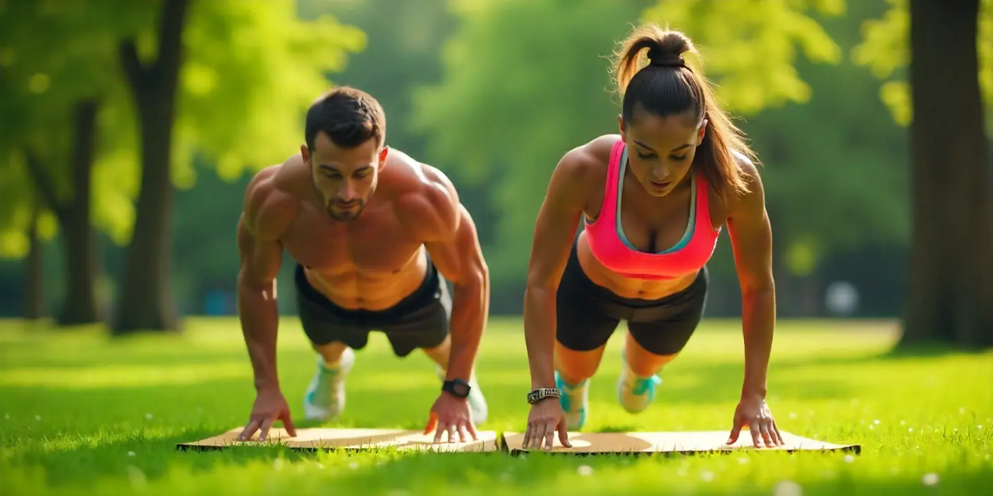 Pareja de atletas haciendo burpees en un parque al aire libre, mostrando forma correcta y alta intensidad de entrenamiento realizando ejercicios más efectivos para quemar grasa