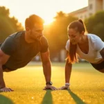 Pareja haciendo flexiones como parte del entrenamiento funcional en casa o gimnasio, mejorando fuerza, resistencia y coordinación