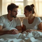 Hombre y mujer sentados en la cama con expresión de frustración, representando la pérdida de libido y la dificultad para mantener relaciones sexuales.