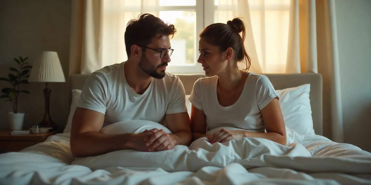 Hombre y mujer sentados en la cama con expresión de frustración, representando la pérdida de libido y la dificultad para mantener relaciones sexuales.