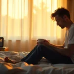 Persona adulta sentada en la cama, con aspecto cansado a pesar de dormir ocho horas, representando fatiga y problemas de sueño.