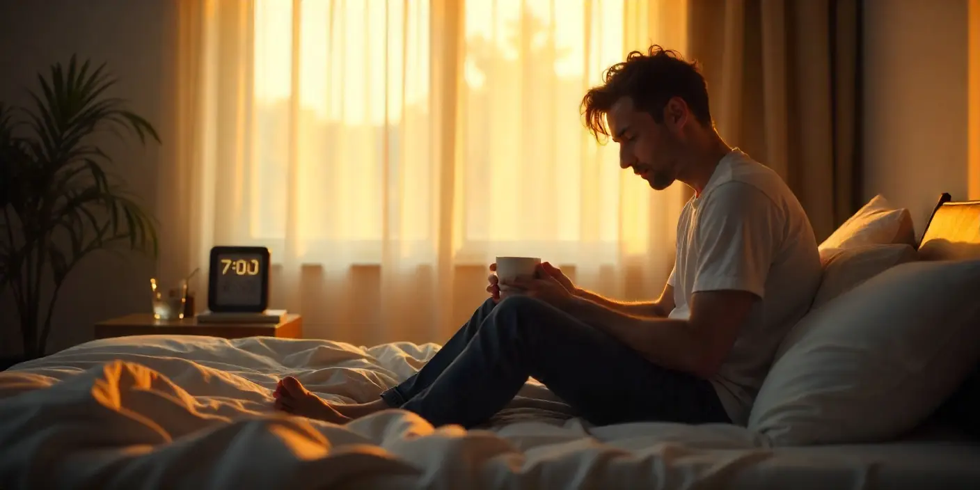 Persona adulta sentada en la cama, con aspecto cansado a pesar de dormir ocho horas, representando fatiga y problemas de sueño.