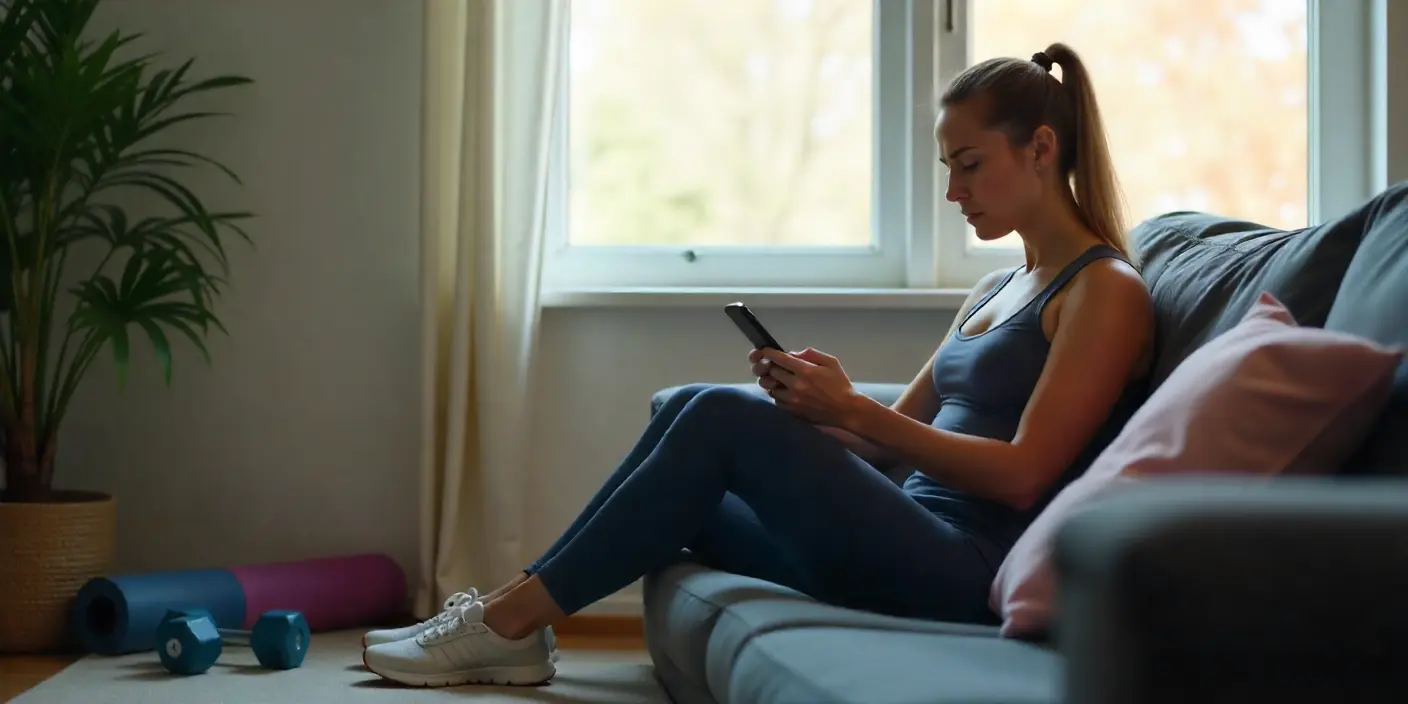 Adulto en ropa deportiva sentado en un sofá evitando hacer ejercicio, con pesas y yoga mat sin usar, mostrando procrastinación deportiva.
