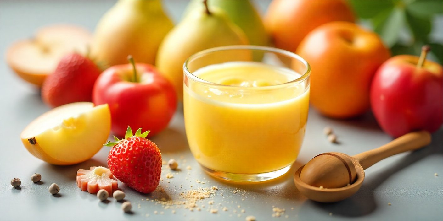 Frasco de endulzante natural rodeado de frutas frescas y alternativas al azúcar, representando formas de reducir el azúcar sin sacrificar el sabor