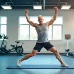 Adulto mayor realizando ejercicios de fuerza con un mapa muscular visible, mostrando los principales grupos musculares y la prevención de la sarcopenia.