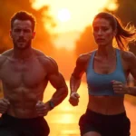 Pareja corriendo y sudando durante un entrenamiento intenso al aire libre, ilustrando que sudar no quema grasa de forma direct