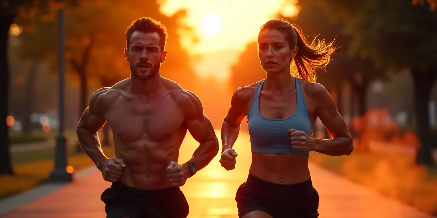 Pareja corriendo y sudando durante un entrenamiento intenso al aire libre, ilustrando que sudar no quema grasa de forma direct