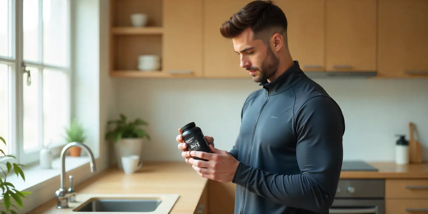 Atleta en chándal leyendo la fecha de caducidad de un bote de suplementos deportivos en la cocina