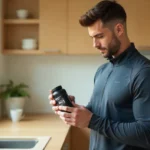 Atleta en chándal leyendo la fecha de caducidad de un bote de suplementos deportivos en la cocina