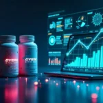 Botes de suplementos caros frente a suplementos baratos sobre una mesa, con un ordenador de fondo mostrando análisis de etiquetas y comparación de calidad.