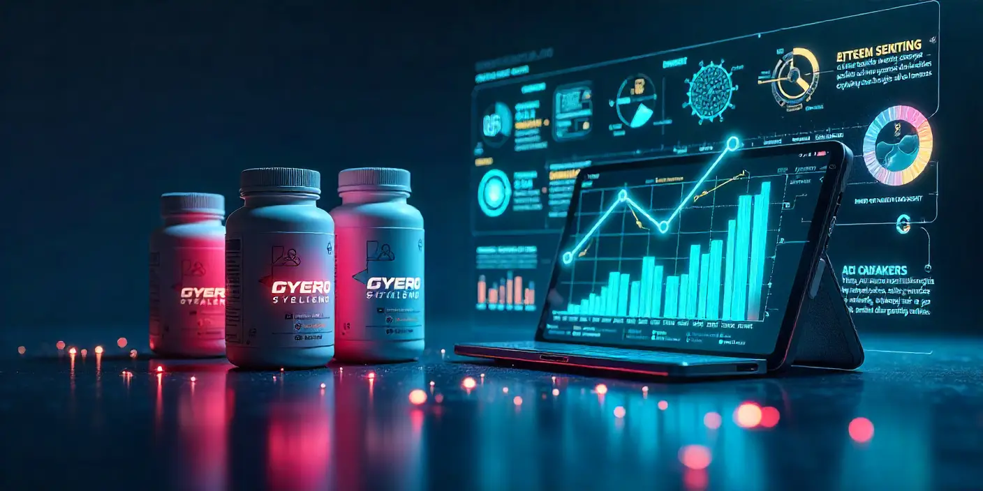 Botes de suplementos caros frente a suplementos baratos sobre una mesa, con un ordenador de fondo mostrando análisis de etiquetas y comparación de calidad.