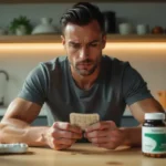 Hombre deportista revisando las etiquetas de suplementos y medicamentos para evitar combinaciones peligrosas