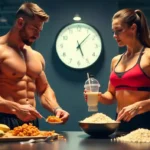 Timing de carbohidratos para ganar músculo sin grasa: ilustración de atletas y alimentos ricos en carbohidratos