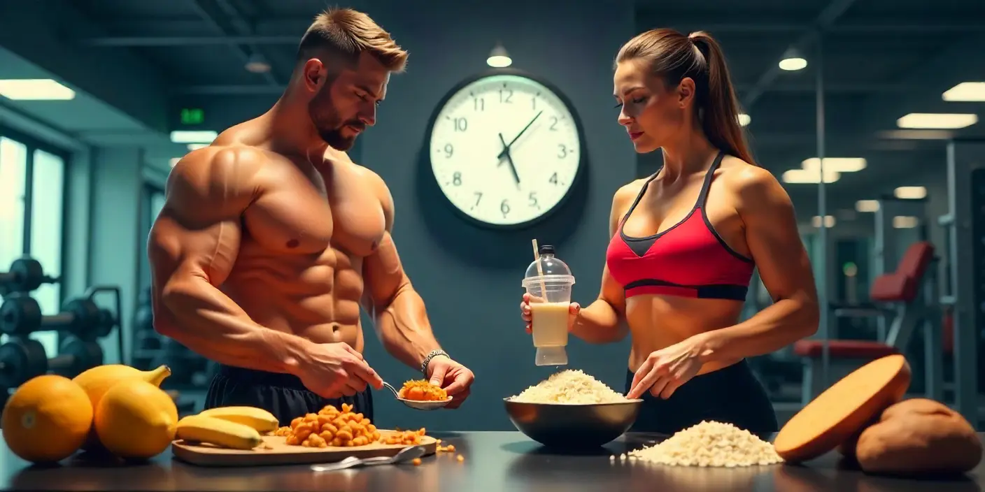 Timing de carbohidratos para ganar músculo sin grasa: ilustración de atletas y alimentos ricos en carbohidratos