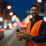 Trabajador nocturno en la calle con tupper de comida saludable, representando hábitos de alimentación saludable durante turnos de noche