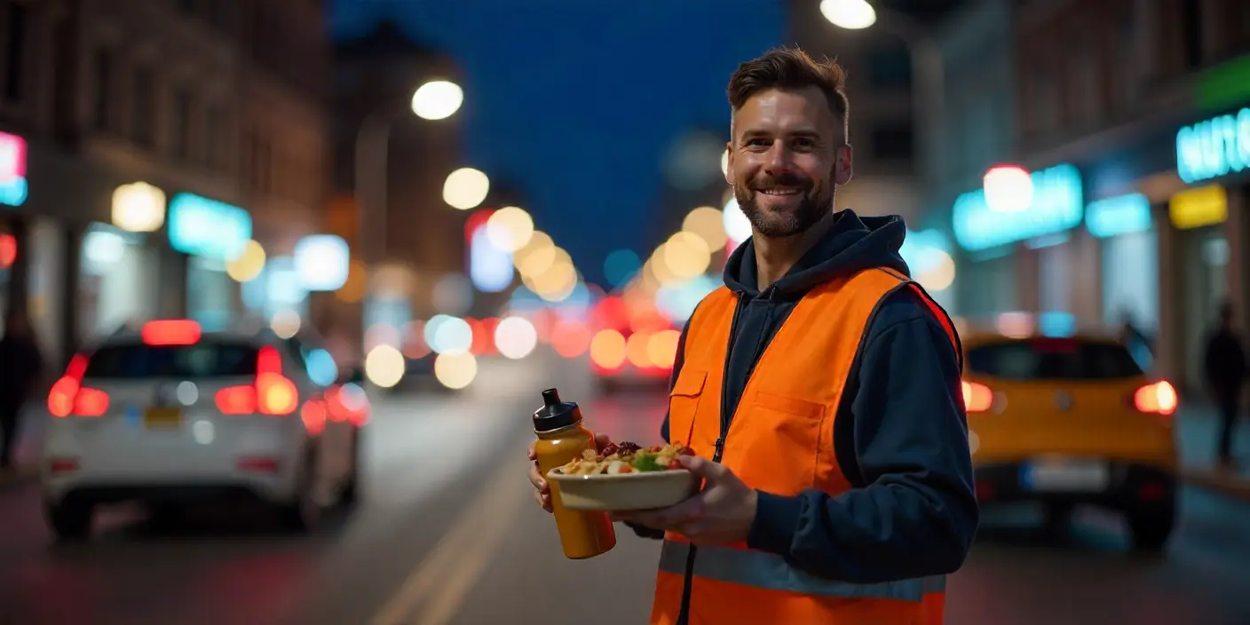 Trabajador nocturno en la calle con tupper de comida saludable, representando hábitos de alimentación saludable durante turnos de noche