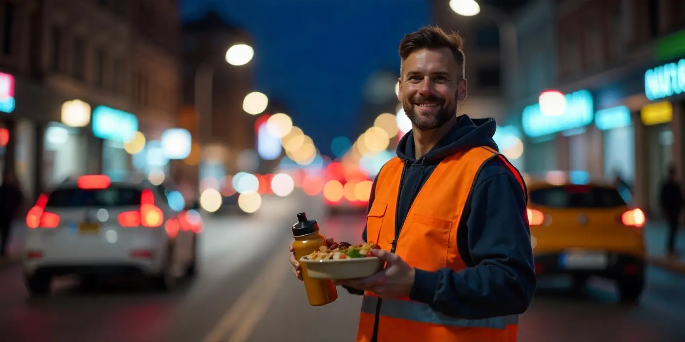 Trabajador nocturno en la calle con tupper de comida saludable, representando hábitos de alimentación saludable durante turnos de noche