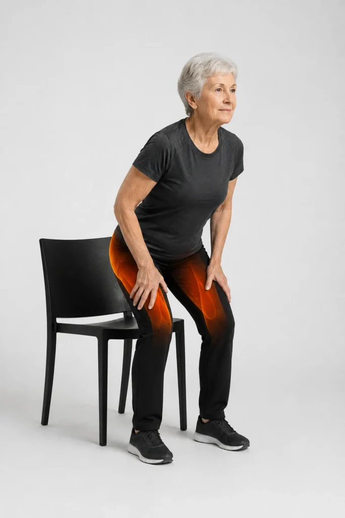Mujer mayor realizando el ejercicio de sentarse y levantarse de una silla para fortalecer piernas y glúteos