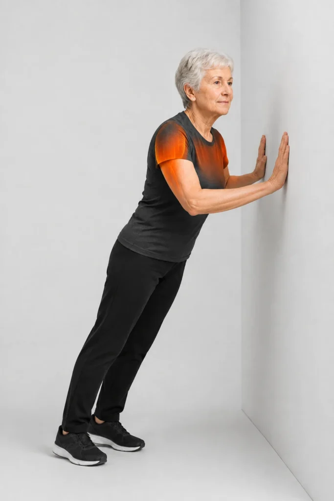 Mujer mayor realizando flexiones contra la pared para trabajar pecho, hombros y brazos de forma segura