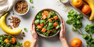 Variedad de alimentos para tener más energía durante el día, incluyendo frutas, verduras, cereales integrales, frutos secos y proteínas magras.