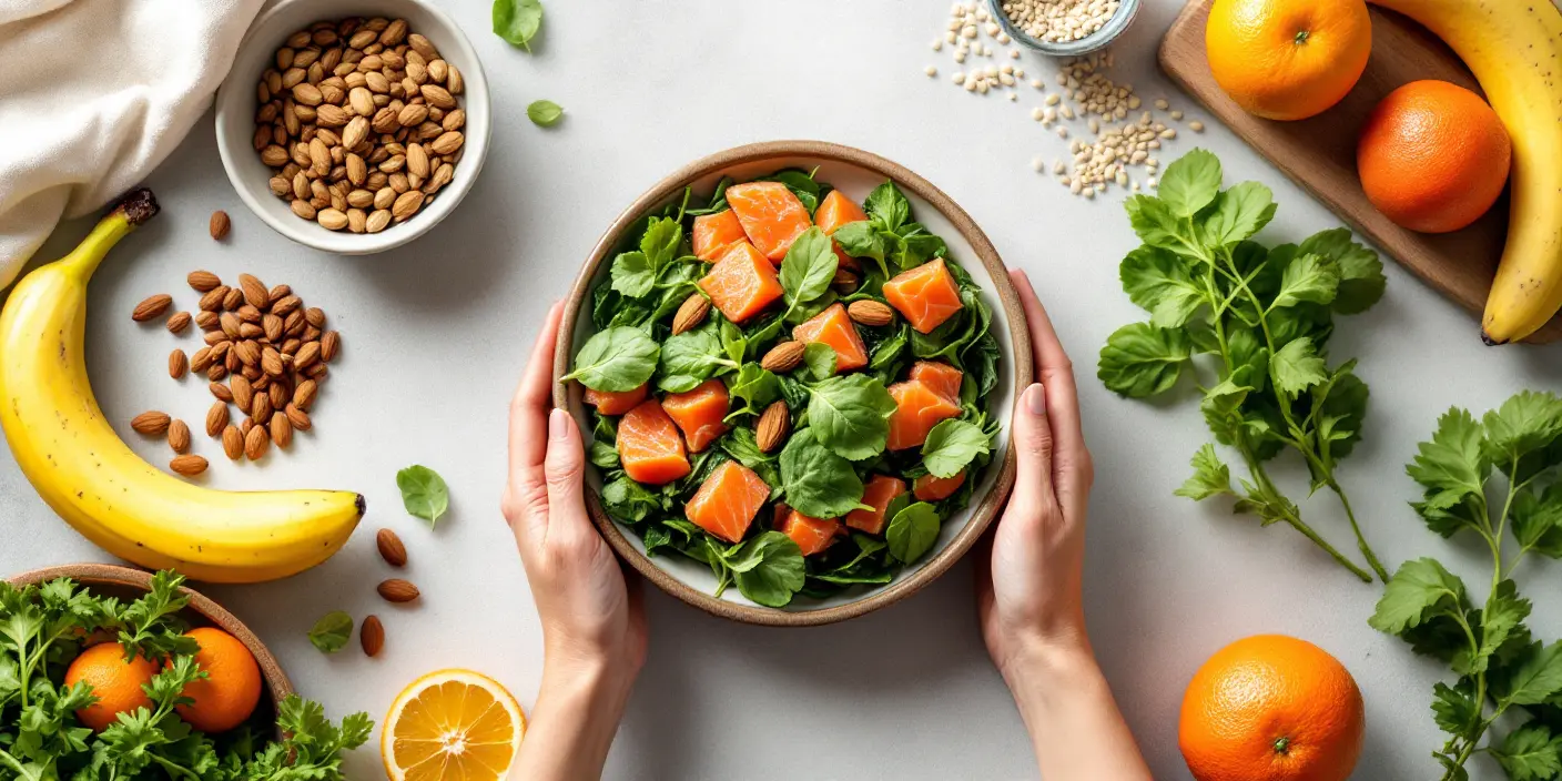 Variedad de alimentos para tener más energía durante el día, incluyendo frutas, verduras, cereales integrales, frutos secos y proteínas magras.