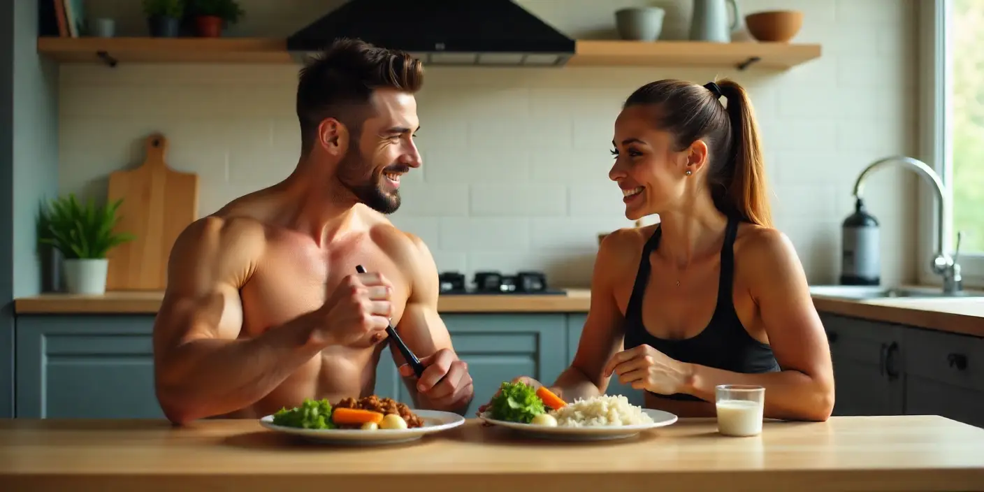 Pareja fitness demostrando que no es necesario comer cada 3 horas para ganar músculo al disfrutar de una comida saludable tras entrenar