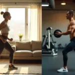 Dos personas entrenando: una en casa y otra en el gimnasio, comparación visual para elegir la mejor opción de entrenar en casa o fuera