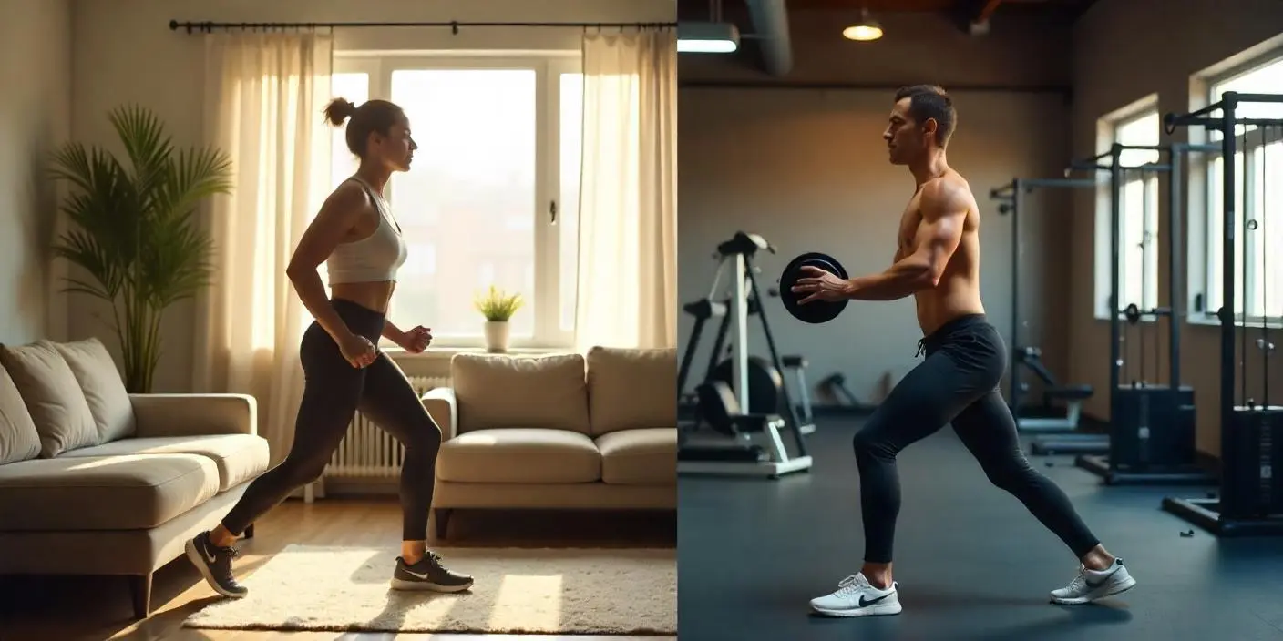 Dos personas entrenando: una en casa y otra en el gimnasio, comparación visual para elegir la mejor opción de entrenar en casa o fuera