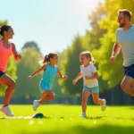 Familia de cuatro miembros realizando unarutina de ejercicios para toda la familia al aire libre, realizando estiramientos, saltos y actividades deportivas juntos, promoviendo salud y unión familiar