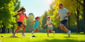 Familia de cuatro miembros realizando unarutina de ejercicios para toda la familia al aire libre, realizando estiramientos, saltos y actividades deportivas juntos, promoviendo salud y unión familiar