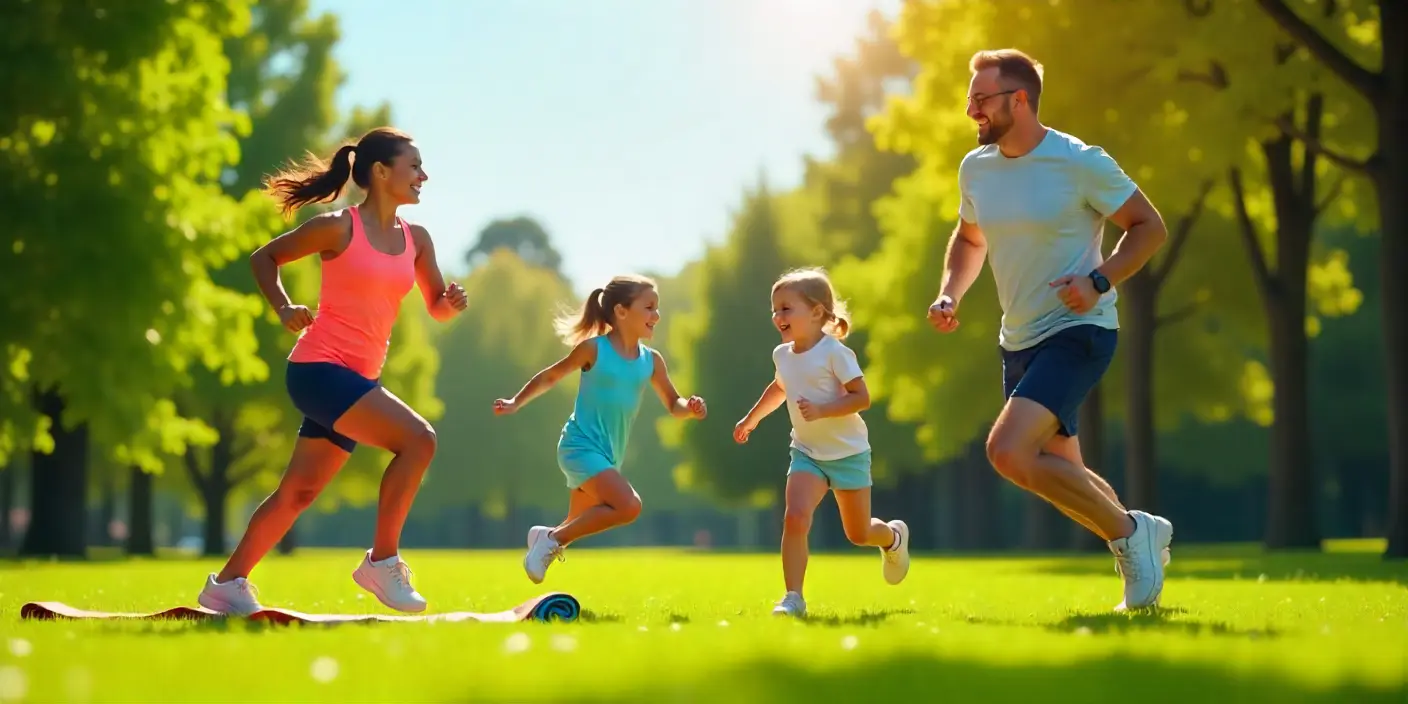 Familia de cuatro miembros realizando unarutina de ejercicios para toda la familia al aire libre, realizando estiramientos, saltos y actividades deportivas juntos, promoviendo salud y unión familiar
