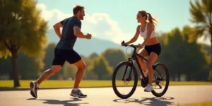 Dos atletas al aire libre realizando entrenamiento HIIT o LISS, mostrando la diferencia entre ejercicios de alta y baja intensidad, ilustración hiperrealista de deportistas normales