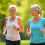 Dos mujeres en edad de menopausia haciendo ejercicio al aire libre, mostrando actividad física saludable durante la menopausia