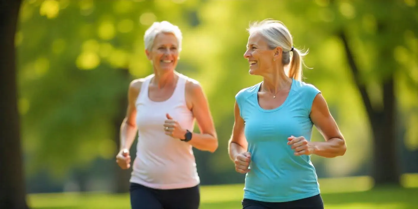 Dos mujeres en edad de menopausia haciendo ejercicio al aire libre, mostrando actividad física saludable durante la menopausia