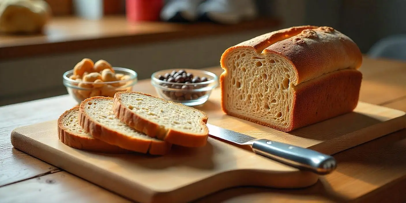 Pan integral cortado a la mitad sobre una tabla de madera, mostrando su textura natural y destacando su alto contenido en fibra, ideal para una dieta saludable y equilibrada.