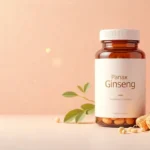 Bote de suplemento Panax Ginseng sobre fondo rosáceo y blanco, símbolo de energía, vitalidad y bienestar natural