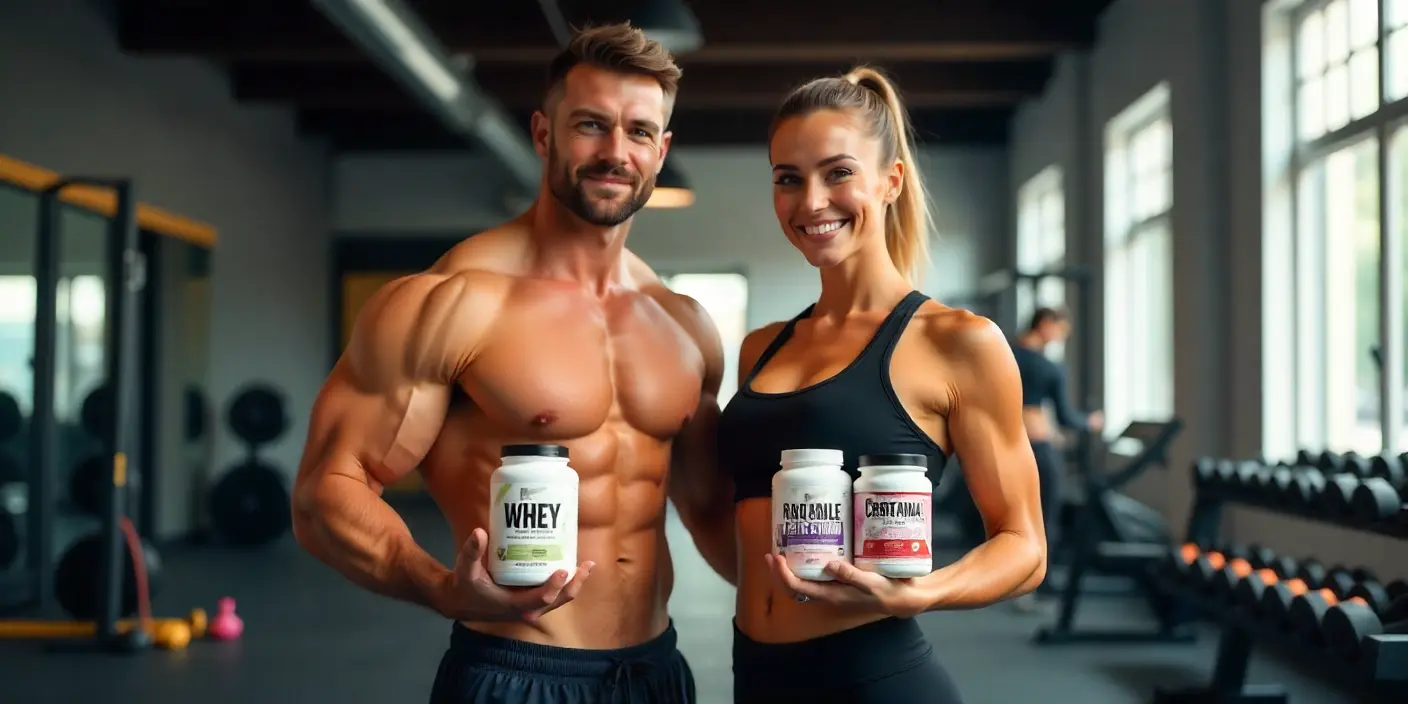 Pareja de atletas en el gimnasio con botes de proteína, creatina y BCAA, optimizando su entrenamiento para ganar masa muscular rápidamente