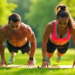 Pareja de atletas haciendo burpees en un parque al aire libre, mostrando forma correcta y alta intensidad de entrenamiento realizando ejercicios más efectivos para quemar grasa