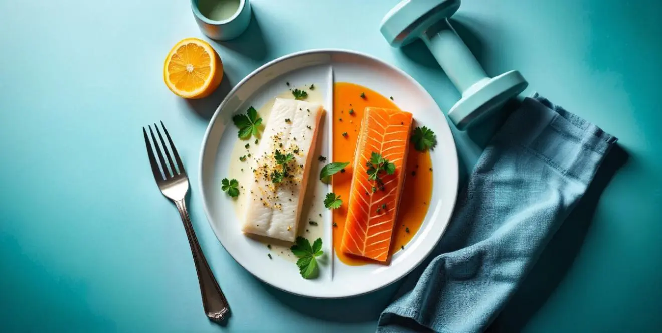 Plato dividido con pescado blanco y salmón para recuperación post-entreno – pescado para la recuperación.