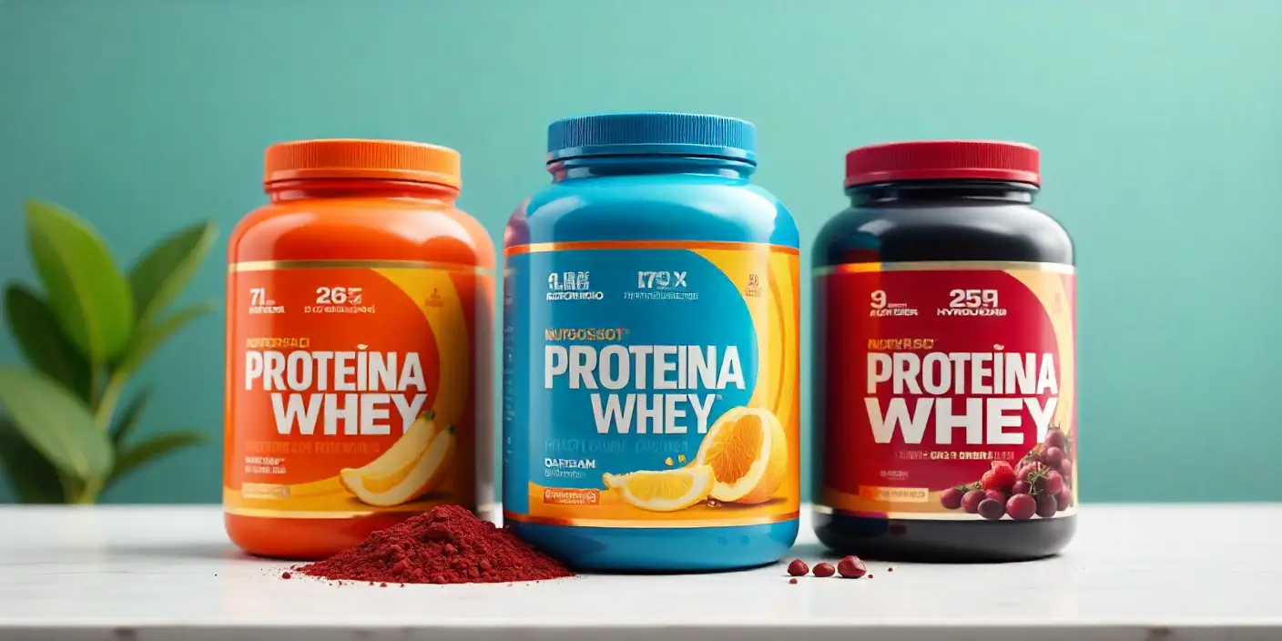 Tres botes de proteína whey: concentrada, aislada e hidrolizada para nutrición deportiva