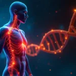 Ilustración hiperrealista de una hebra de ADN humano en 3D, simbolizando la relación entre la genética y el rendimiento deportivo.