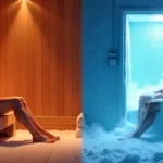 dos personas usando técnicas de recuperación post-entrenamiento: una relajándose en una sauna tradicional y otra en una cámara de crioterapia con vapor frío visible.