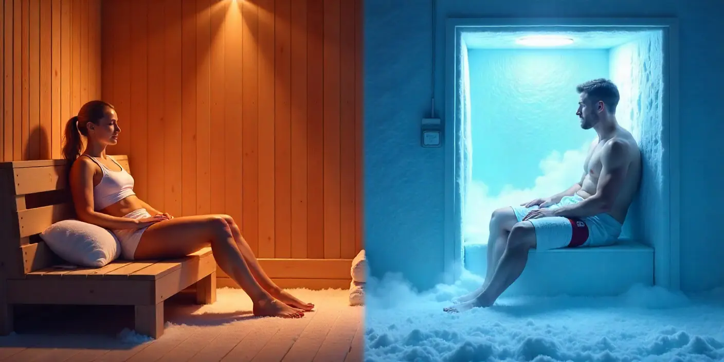 dos personas usando técnicas de recuperación post-entrenamiento: una relajándose en una sauna tradicional y otra en una cámara de crioterapia con vapor frío visible.