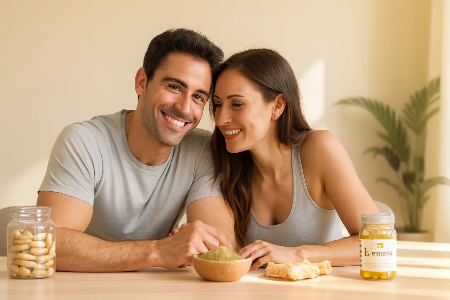 Hombre y mujer adultos saludables con suplementos naturales para mejorar la libido y el bienestar sexual