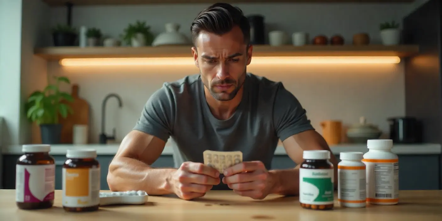 Hombre deportista revisando las etiquetas de suplementos y medicamentos para evitar combinaciones peligrosas