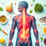 Tendones saludables rodeados de alimentos ricos en colágeno y glicina como caldo de huesos, pollo, pescado azul, frutas cítricas y verduras de hoja verde.