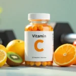 Bote de vitamina C con frutas ricas en vitamina C y elementos de gimnasio, destacando suplementación para deportistas