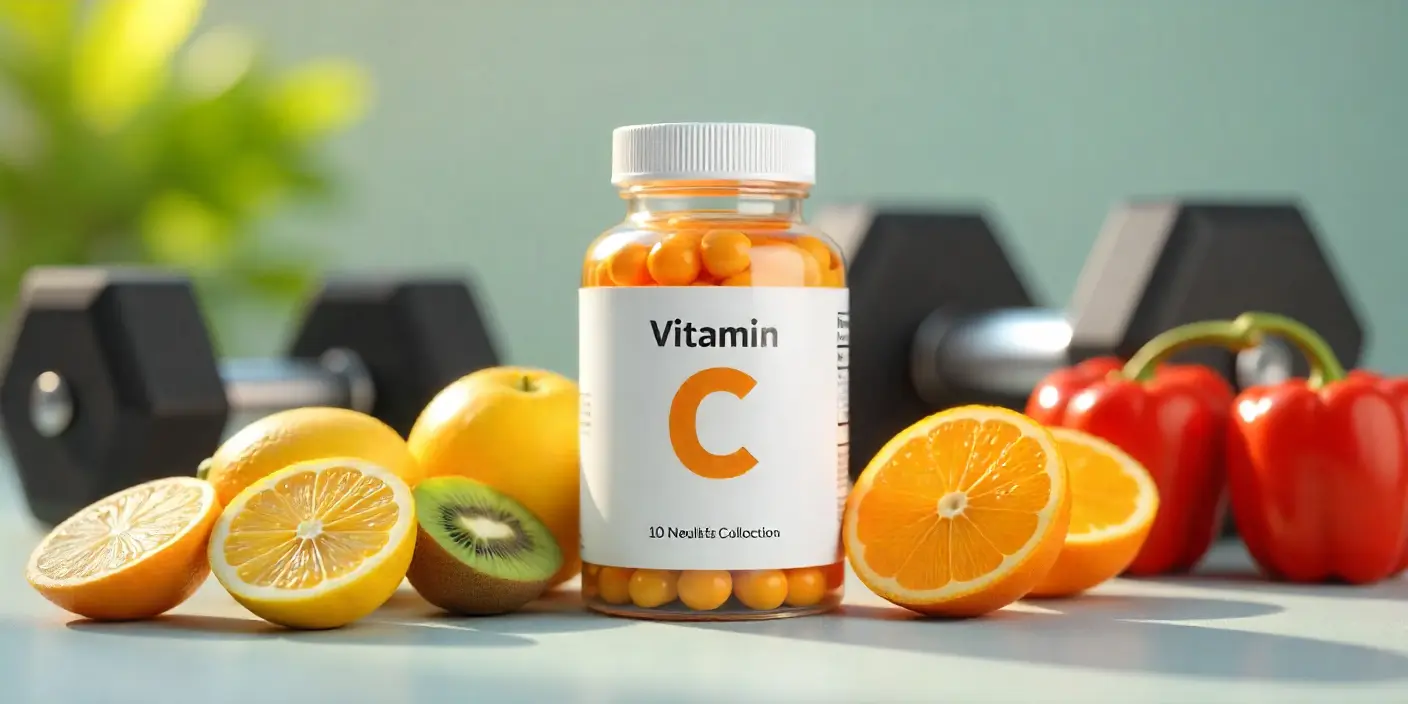 Bote de vitamina C con frutas ricas en vitamina C y elementos de gimnasio, destacando suplementación para deportistas