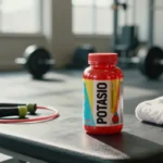 Señales de que tu cuerpo necesita más potasio: bote de suplemento en ambiente deportivo